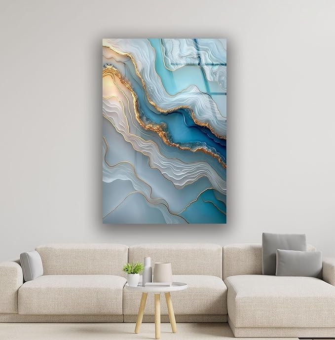 My Photostation.com Round 31,5'' Turquoise and Blue Alcohol ink Glass Wall Art Tempered Glass Printing Wall Decor Large Wall Art Wall Hangings