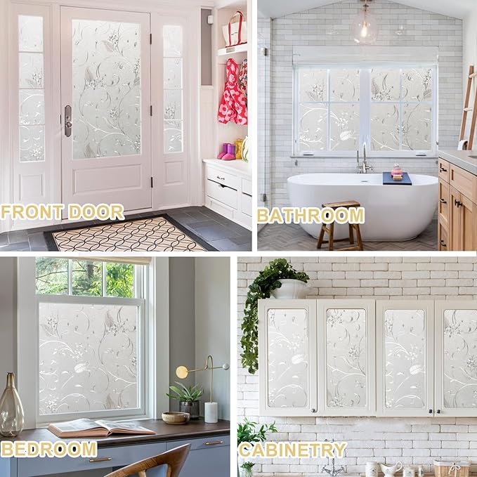 Window Privacy Film Decorative for Front Door, Bathroom Static Cling Stained Glass Sticker Opaque Heat Control UV Blocking Non-Adhesive for Home Windows 35.4 x 78.7 inches Horsetail