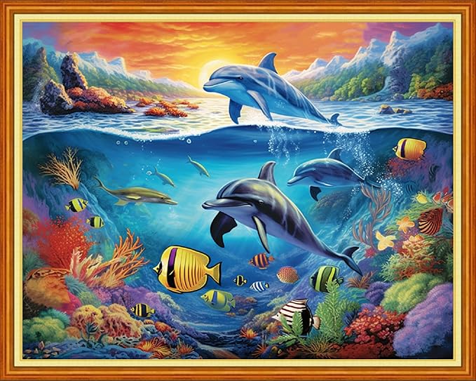 Foxdiviy Stamped Cross Stitch Kits Full Range of Embroidery Needlework Starter Kits for Beginners Adults 11CT Embroidery Patterns Art Crafts DIY Needlepoint Kits-Underwater World 16x20 inch