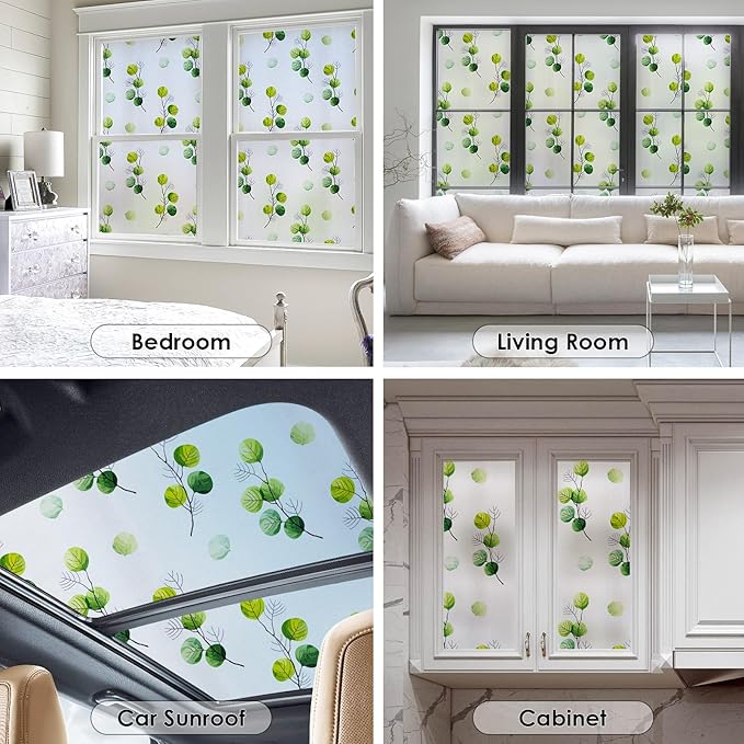 DKTIE Eucalyptus Leaves Stained Glass Window Film with Installation Tools, INS Style Window Privacy Film Decorative, Nordic Style for Home Decor (S541, 35.4'' x 78.7'')