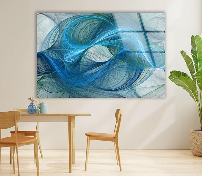 My Photostation.com 60WX40H'' Blue Energy Abstract Wall Art – Fluid Motion Glass PrintTempered Glass Printing Wall Decor Large Wall Art Wall Hangings