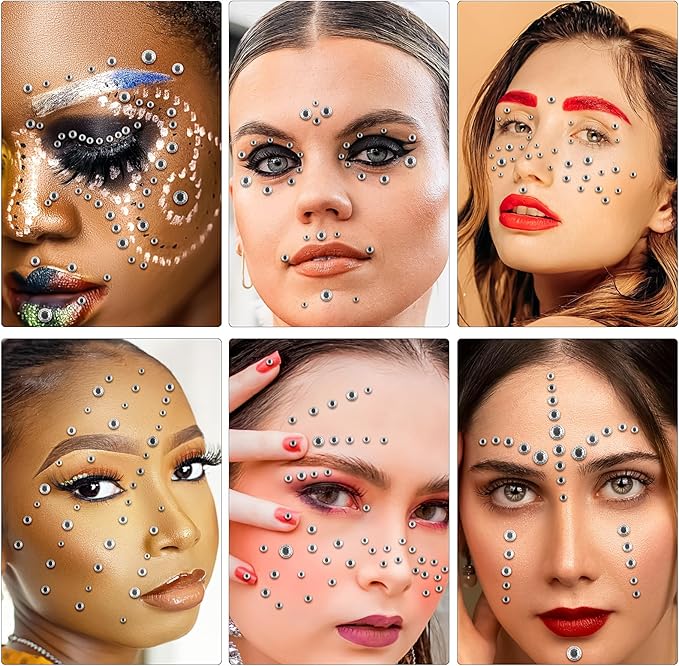 Self Adhesive Face Gems and Pearls for Makeup, Festival Jewels, Hair Gems Pearls, 3/4/5/6/8 mm Round Rhinestone Stickers for Face, Eye, Makeup, Body, Crafts 591Pcs (14_Clear)