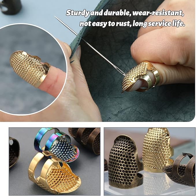 5 Pcs Sewing Thimbles, Adjustable Metal Sewing Thimble Rings, Finger Protector for Hand DIY, Red Bronze Metal Shield, DIY Sewing Tools Accessories, Thimble Ring for Quilting