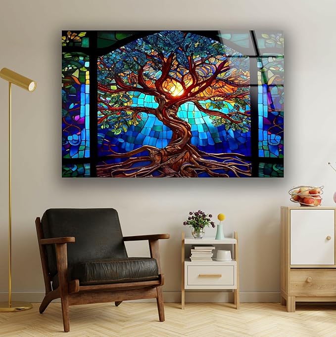 My Photostation.com 20Wx14H'' Stained Blue Life of Tree Glass Wall ArtTempered Glass Printing Wall Decor Large Wall Art Wall Hangings