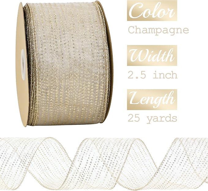 MEEDEE Champagne Gold Wired Ribbon - 2.5 Inch Horizontal Stripes Polka Dot Christmas Ribbon Organza Sheer Glitter - 25 Yards for Christmas Tree, Wreath Bow