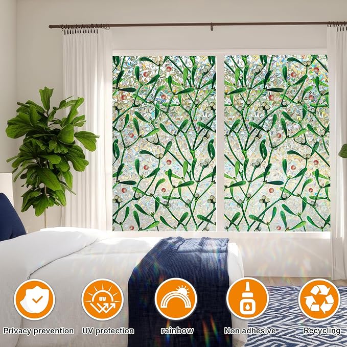 Window Privacy Film Stain Glass Window Film Rainbow Window Film Window clings Non-Adhesive Reusable Decorative for Room (Mistletoe Rainbow, 23.6 x 78.7 in)