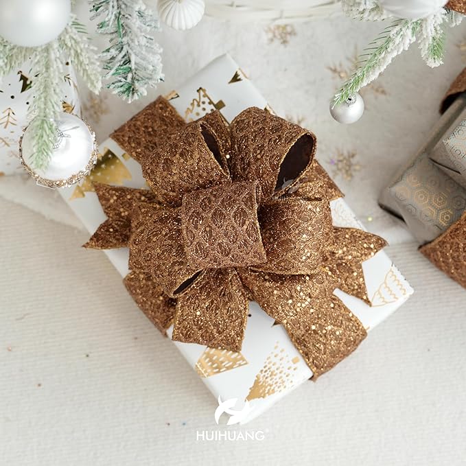 HUIHUANG Copper Wired Ribbon 4 inch Glitter Christmas Wired Ribbon Diamond Mesh Wire Ribbon for X-mas Tree Decorations, Wreaths, Garland, Large Bows Making, Thanksgiving Fall Decor -10 Yards
