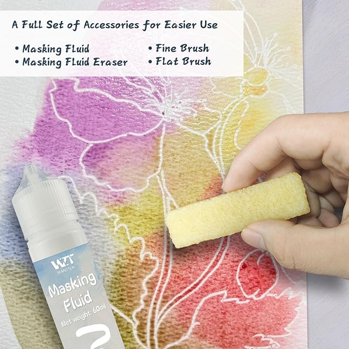 Masking Fluid for Watercolor Painting - 120ml White with a Paintbrush and Eraser - Art Masking Fluid Pen Watercolor Medium Art Supplies for Artists
