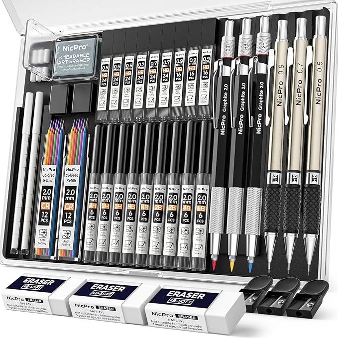 Nicpro 35PCS Art Mechanical Pencil Set, 3 PCS Metal Drafting Pencil 0.5 mm & 0.7 mm & 0.9 mm & 3 PCS 2mm Lead Holder (6B 4B 2B HB 2H 4H Colors) For Sketching Drawing With 20 Tube Lead Refills Case