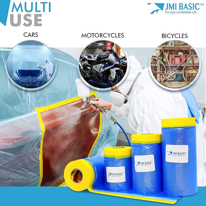 Plastic Sheeting for Car Paint – Assorted 3 Sizes Multi Pack – No Residue Painters Tape with Drop Cloth – Automotive Masking Tape with Tarp Waterproof 65 Feet (35 x 25 x 18 Inch - 3RL)