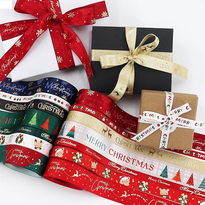 Christmas Gift Wrapping Ribbon, Red, Green, 2 Rolls Printed Grosgrain Ribbons for Crafts, Floral Bouquets, Sewing, Party and Festive Holiday Decor (2 Rolls(Green/White), 1 Rolls=1in * 5Yards)