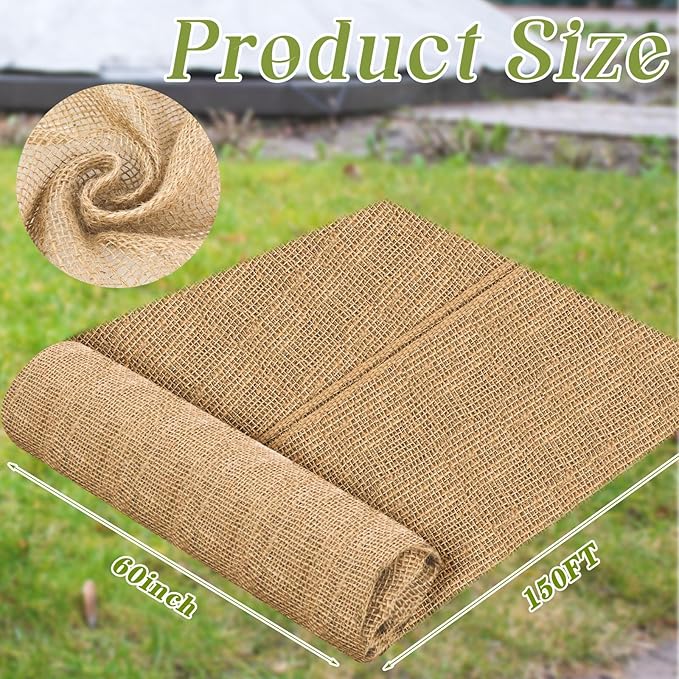 Buryeah 60 Inch x 150 ft Burlap Fabrics Roll Natural Jute Burlap Garden Tree Wrap Outdoor Weed Barrier DIY Fall Halloween Craft Winter Frost Plant Landscape Blankets Cloth for Plant Gardening Shrubs
