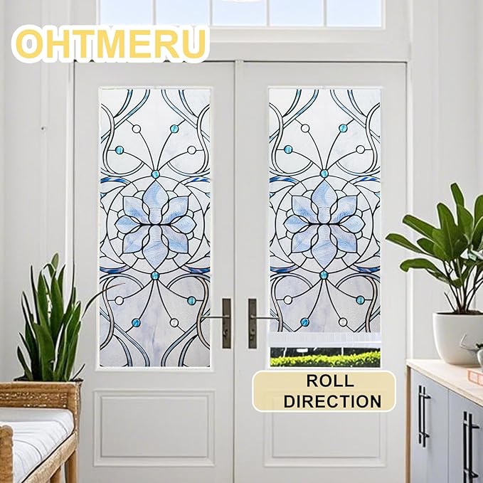 3D Stained Glass Window Privacy Film, Heat Control UV Blocking Static Cling Decorative Window Film for Bathroom,Front Door,Home Non Adhesive,16.9 x 39.3 inches Azure Bloom
