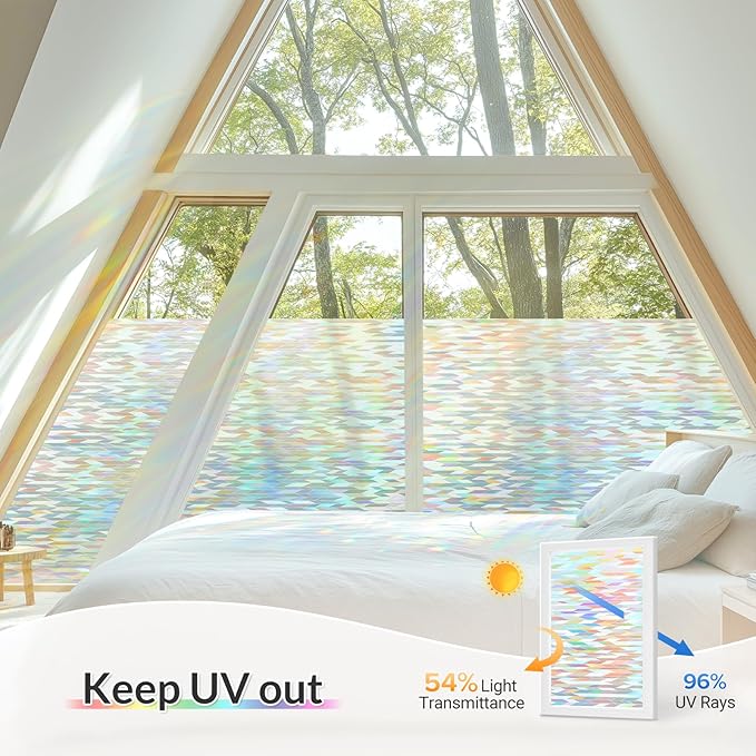 rabbitgoo Window Privacy Film with Installation Tools, Stained Glass Window Film Rainbow Prism Decorative Glass Clings for Home Decor, Static Cling Covering Sun Blocking, 35.4" x 78.7"