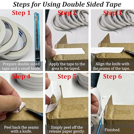 Double Sided Tape for Crafts, 6 Rolls Multi-Size Double-Sided Adhesive Tape for Arts, Photography, Gift Box, Scrapbooking, Card Making, Paper Backing