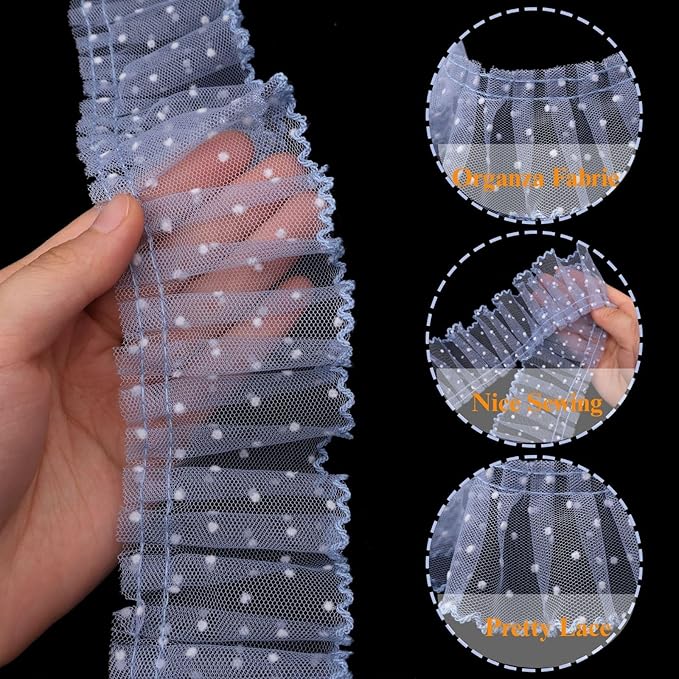 Dots Lace Ruffle Trim for Sew, Crafts 2.4" x5yd Single Layer Pleated Edge Lace Ribbon (Blue)