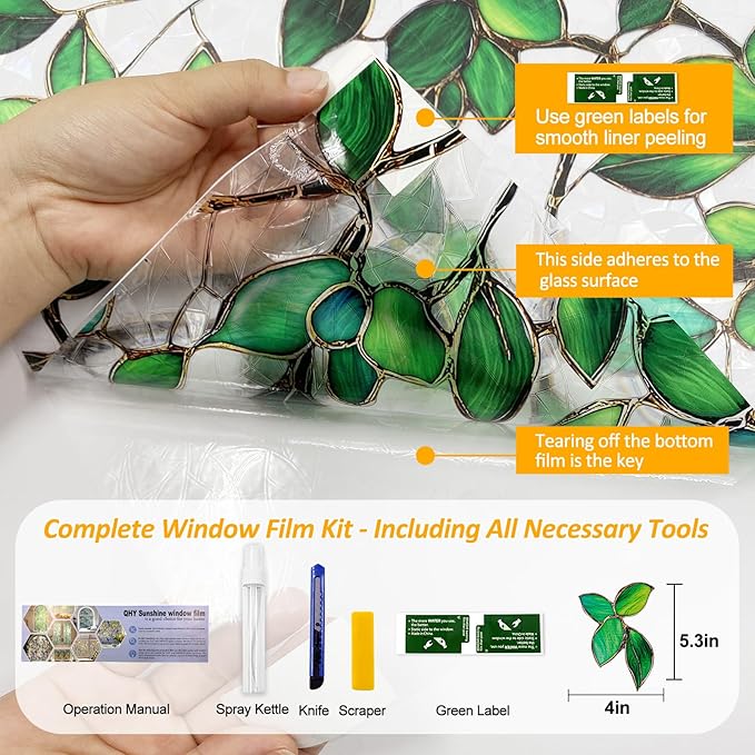 Window Privacy Film Stain Glass Window Film Rainbow Window Film Window clings Non-Adhesive Reusable Decorative for Room (Green Rainbow, 45.2 X 157.4 in)
