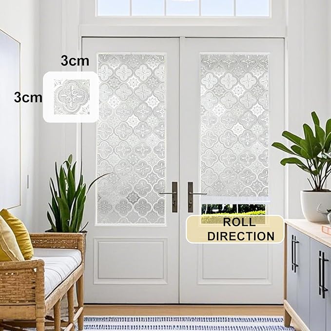 Window Privacy Film Decorative for Front Door, Bathroom Static Cling Stained Glass Sticker Opaque Heat Control UV Blocking Non-Adhesive for Home Windows 11.8x78.7inch