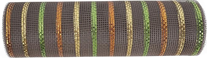 MEEDEE Fall Deco Mesh 10 Inch Rolls Brown Basic Mesh with Deluxe Wide Foil Orange & Yellow & Lime Metallic Striped Deco Mesh for Wreaths, Garland, Christmas Tree, Gift Wrapping, Bows Making (30 Feet)