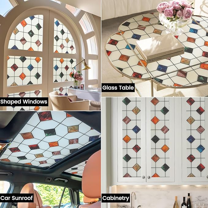 DKTIE Stained Glass Window Film Geometric Patterns, Fine Frosted Window Clings for Glass Windows, Waterproof for Bathroom Window Privacy Film Day and Night (S533, 35.4in X 118.1in)