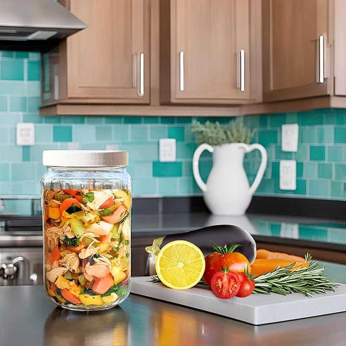 JARMING COLLECTIONS 32oz Extra Wide Mouth Glass Storage Jar with BPA-Free Plastic Lid – Quart Size Airtight Mason Jar for Kitchen, Pantry, and Food Storage (Set of 2)