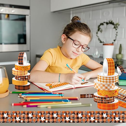 12 Rolls Fall Washi Tape, Thanksgiving Autumn Maple Leaves Pumpkin Plaids Masking Washi Tape 15mm, Thanksgiving Harvest Decorative Tape Sticker for Scrapbook, Journal, DIY Craft, Gift Wrapping