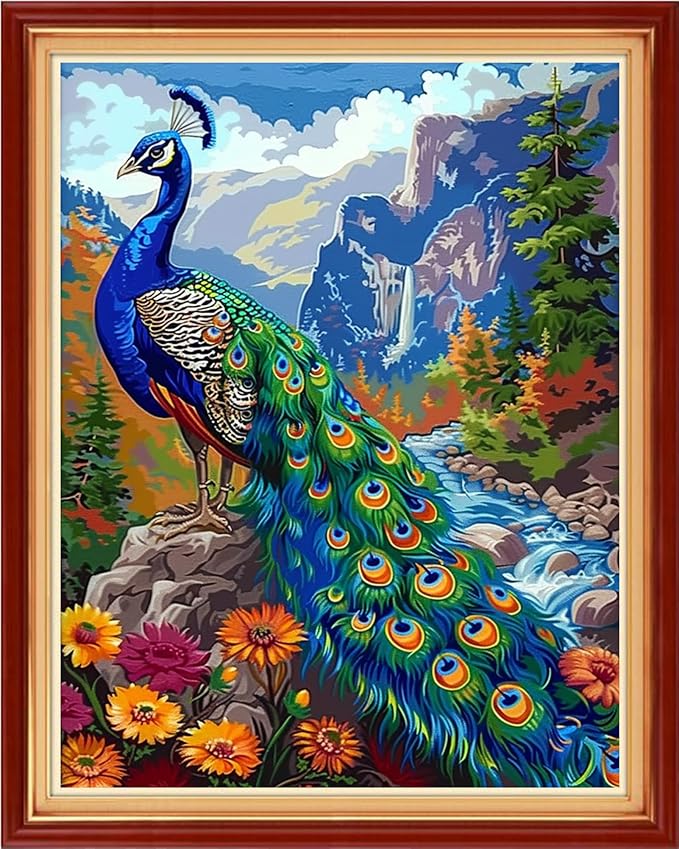 Stamped Cross Stitch Kits - Beach Night Landscape Counted Cross Stitch Kits for Beginners Adults Needlepoint Cross-Stitch Patterns-Peacock Scenery 16x20 inchs