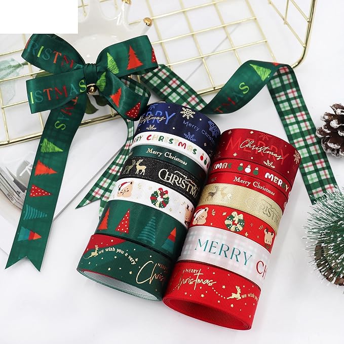 Christmas Gift Wrapping Ribbon, Red, Green, 2 Rolls Printed Grosgrain Ribbons for Crafts, Floral Bouquets, Sewing, Party and Festive Holiday Decor (2 Rolls(Green/White), 1 Rolls=1in * 5Yards)