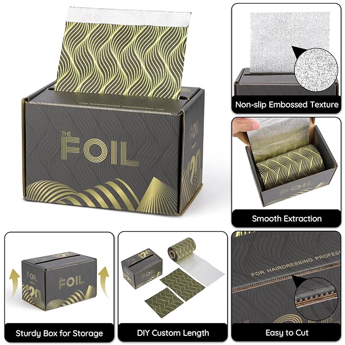 Segbeauty Aluminum Foil Hair Foils, 164 ft Embossed Hair Highlighting Kit Foil Aluminum Roll for Color Application, Foil Paper Aluminum Foil Sheets, Salon Heat Resistant Hair Dye Tools Black Gold