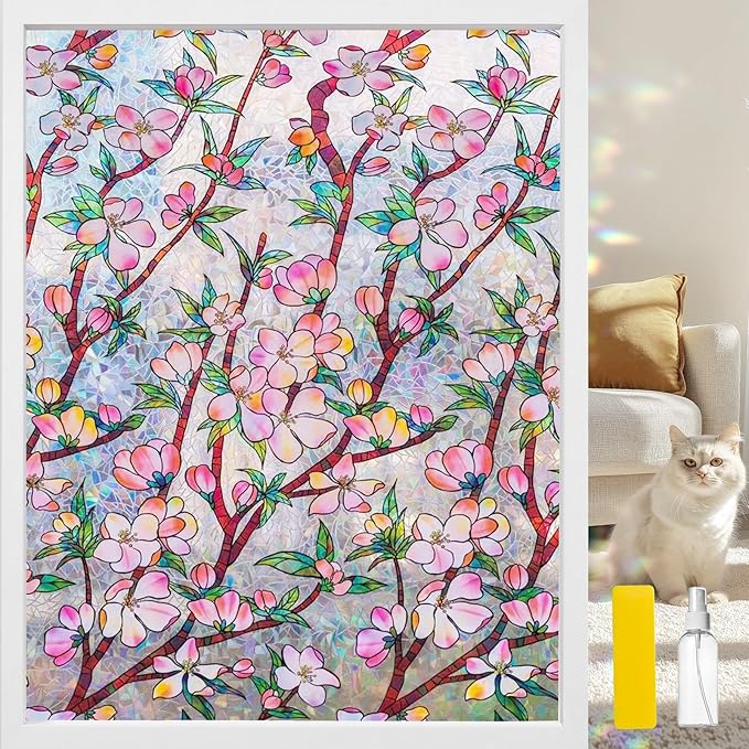 Window Privacy Film Rainbow Film Stained Glass 3D Static Cling Decorative Window Sticker for Bathroom,Front Door,Home Heat Control UV Blocking Non Adhesive,Peach Blossom 17.5 x 78.7 inches
