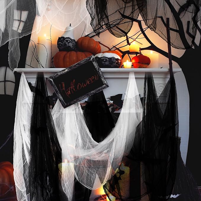 Boao Halloween Cheese cloth 39.37 x 196.85 Inch White Black Cheesecloth Roll for Crafts Large Cotton Muslin Gauze Fabric for Halloween Outdoor & Indoor Spooky Decoration