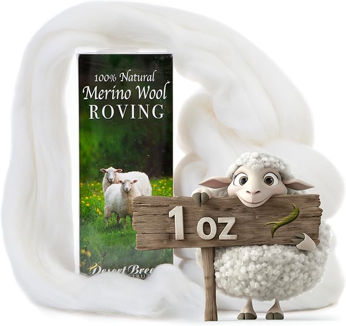 100% Natural Merino Wool Roving - 1 oz - Premium Combed Top Merino Roving Wool - Tapestry, Spinning, Wet Felting & Needle Felting Supplies - 21.5 Micron - Color Snow