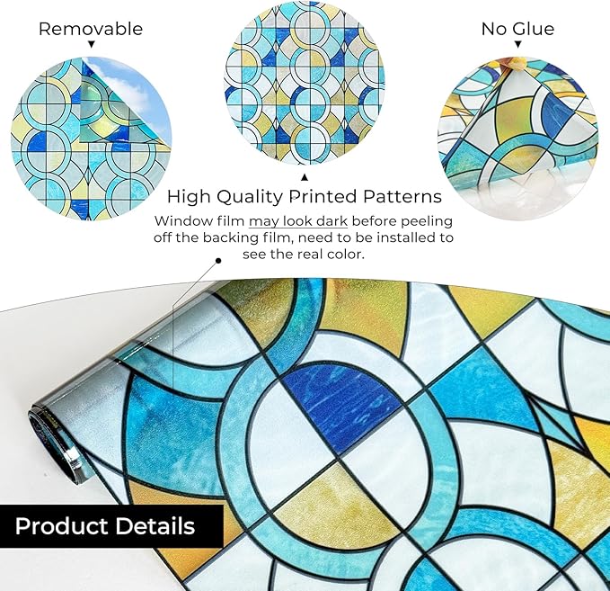 Window Privacy Film, Frosted Glass Decorative Static Cling, Removable Sun Blocking Vinyl Covering, Window Film for Home Kitchen Living Room Bathroom, Geometric Rings, 17.5" x 78.7 "