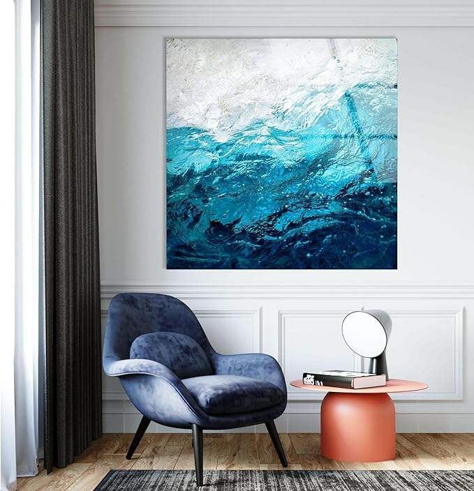 My Photostation.com 28Wx18H'' Blue Waves Abstract Glass Wall ArtTempered Glass Printing Wall Decor Large Wall Art Wall Hangings