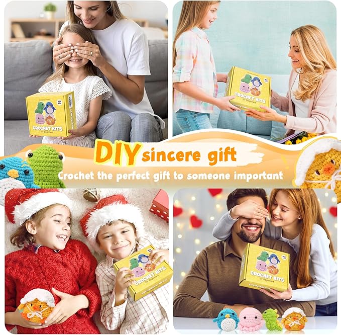 Crochet Kits for Beginners, Beginner Starter Sets with Step-by-Step Video Tutorials - Ideal Gift for Adults, Kids, Crochet Lovers, Ideal Gift for Birthday, Christmas, 4 Cute Patterns with Extra Yarn