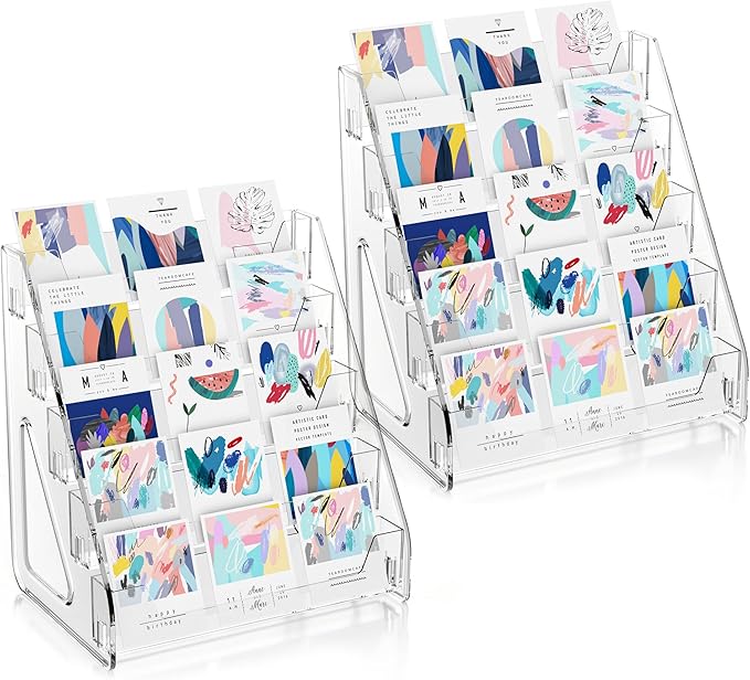 5 Tier Acrylic Card Display Stand, Clear Display for Greeting Cards, Sports Cards, Postcards, Stickers & Brochures (2 Pack)