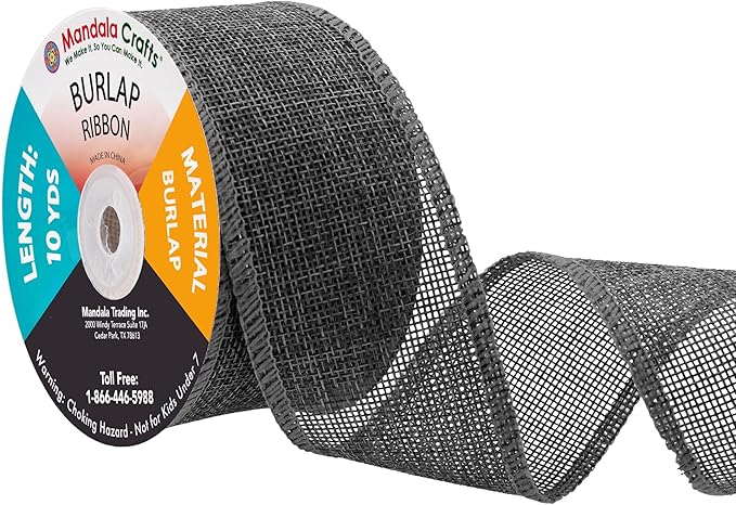Mandala Crafts Gray Burlap Ribbon 2 Inches Wide Jute Ribbons for Crafts - 20 Yds Roll Rustic Burlap Wrap Trim Ribbons for Wreaths Bows Wedding Party Decoration