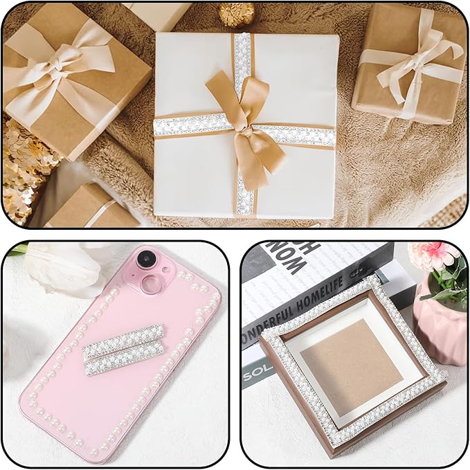 3 Rolls Pearl Rhinestone Ribbon Self Adhesive Pearl Crystal Strips Sticker Bling Pearls Strips Trims Diamond Pearls Tape for DIY Phone Clothing Crafts (3 Yard)