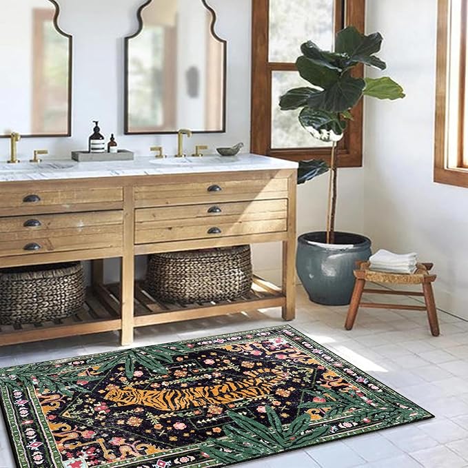 Oriental Tropical Indoor Door Mat Washable, Thin Black Boho Vintage Distressed Hippie 3x5 Throw Rugs for Bedroom Bathroom Kitchen Non-Slip Abstract Botanical Tribal Indian Entryway Carpet