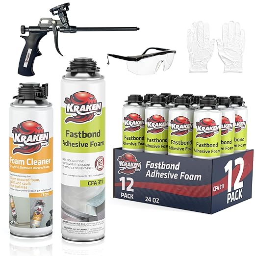 Kraken Bond Fastbond Spray Foam Adhesive (12x24oz.) - Heavy Duty Construction Adhesive for Insulation, Wall & Facade, Concrete, Stone, Subfloor, XPS & EPS Foam Board, Gun&Cleaner Included | 12 Pack
