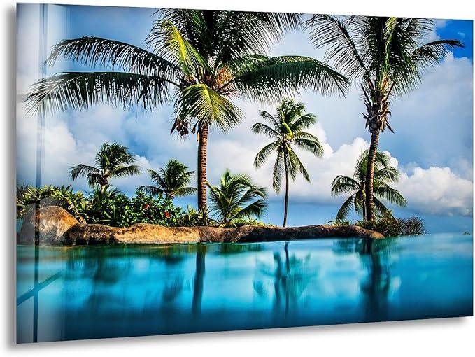 My Photostation.com Round 24'' Island & Blue Sea Glass Wall ArtTempered Glass Printing Wall Decor Large Wall Art Wall Hangings
