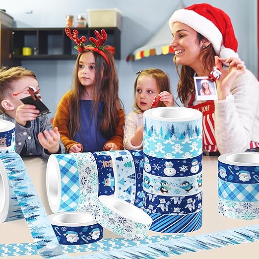 12 Pcs Christmas Washi Tape Blue Snowflake Print Masking Tape Frozen Pattern Decorative Paper Sticker for Christmas Party Holiday Scrapbook Handbook Sticker