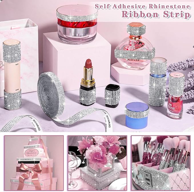 5 Yards Self Adhesive Rhinestone Ribbons, Sliver Rhinestone Strips, Diamond Crystal Rhinestone Ribbon Roll Stickers Glitter Bling Ribbons Rhinestone for Crafts Fabric Car Shoes Décor