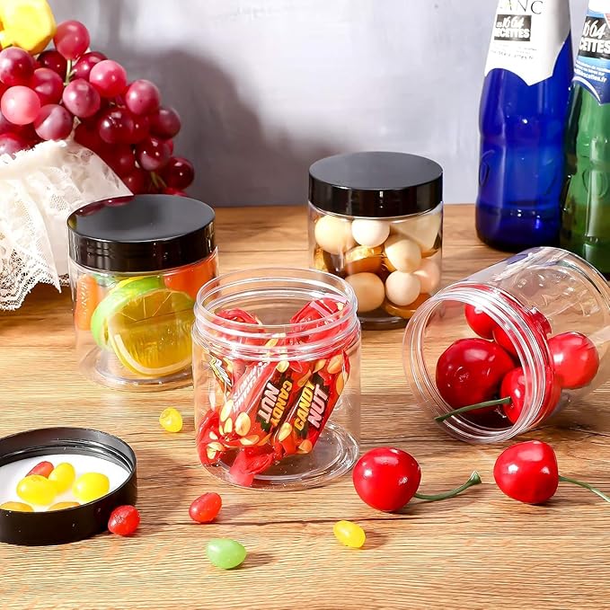 24 Pieces Empty Clear Plastic Jars with Lids Round Storage Containers Wide-Mouth for Beauty Product Cosmetic Cream Lotion Liquid Butter Craft and Food (Black Lid, 8 oz)