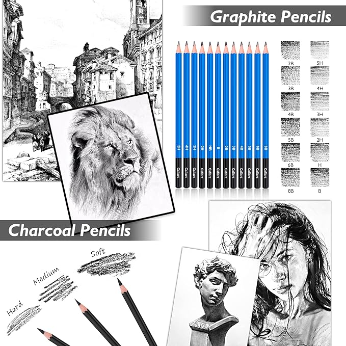 Caliart 176PCS Art Supplies Sketching Kit with 100 Sheets 3-Color Sketch Book, Graphite Colored Charcoal Watercolor & Metallic Pencils, Drawing Set Christmas Gifts for Adults Teens Girls Boys Kids
