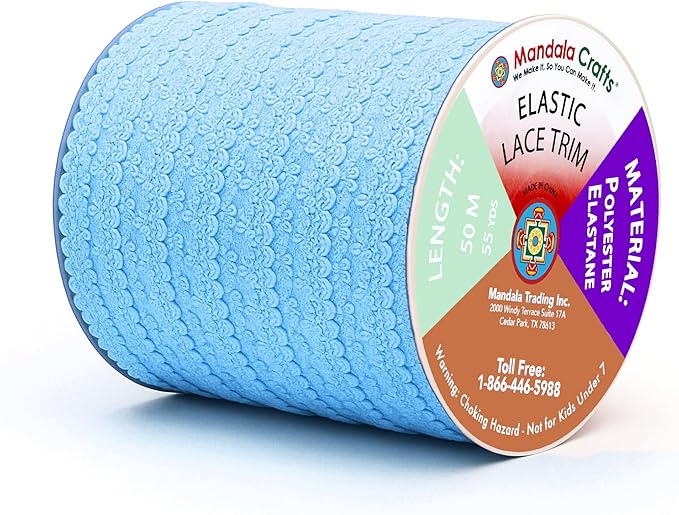 Mandala Crafts Baby Blue Stretch Lace Soft Elastic Trim Roll - 55 Yards 1 Inch Wide Stretchy Frilly Picot Ribbon for Sewing Lingerie, Headbands, Underwear, and Crafts