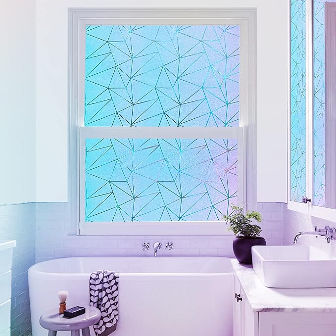 Coavas Rainbow Window Privacy Film - Frosted Glass Static Cling for Bathroom Door, UV Blocking, Non-Adhesive Vinyl Sticker, Day and Night Tint for Home, 17.5x78.7 Inches