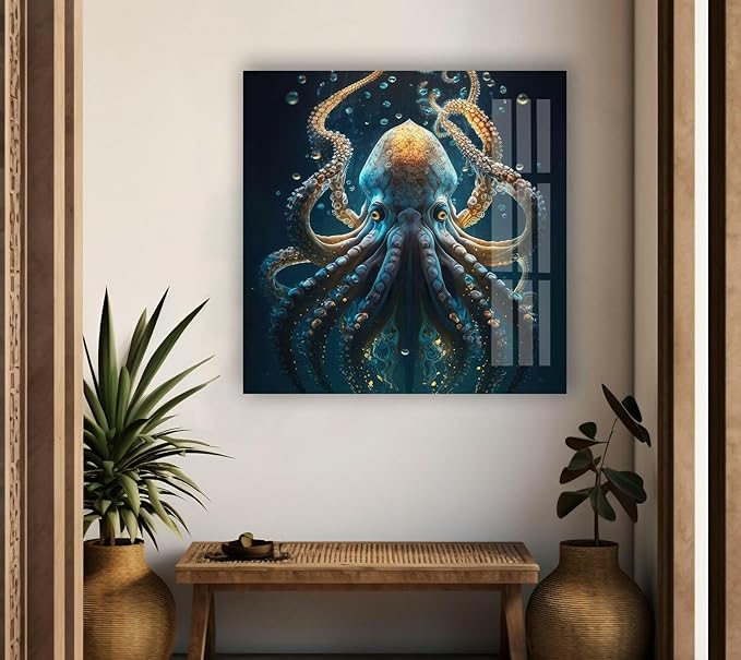My Photostation.com 30Wx35.5H'' Underwater Blue Octopus Glass Wall Art Tempered Glass Printing Wall Decor Large Wall Art Wall Hangings