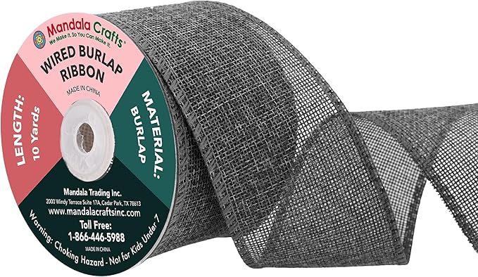 Mandala Crafts Gray Burlap Wired Ribbon 2.5 Inches Wide Jute Ribbons for Crafts - 10 Yds Roll Rustic Burlap Wrap Trim Ribbons for Wreaths Bows Party Decoration
