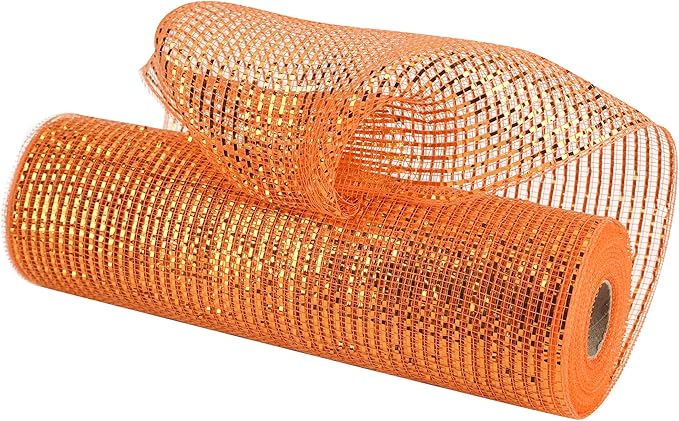 MEEDEE Orange Deco Mesh 10 Inch Deluxe Wide Foil Fall Deco Mesh Metallic Mesh Fabric Halloween Mesh Ribbon for Wreaths, Garland, Christmas Tree, Gift Wrapping, Bows Making (30 Feet)